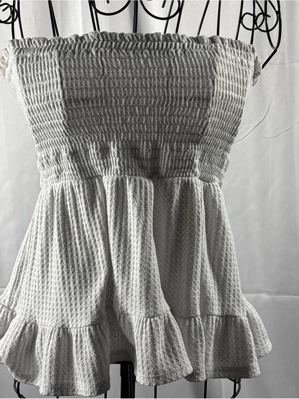 Paper Crown Cream Strapless Smocked Waffle Ruffle Top